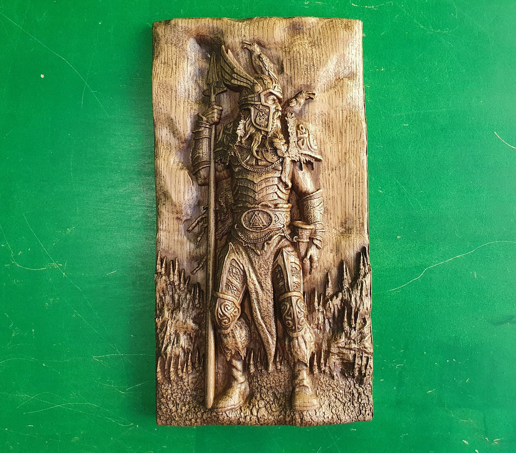 Odin and his Ravens Huginn and Muninn , Scandinavian God,  Celtic wood carving, Viking carving, wooden carving