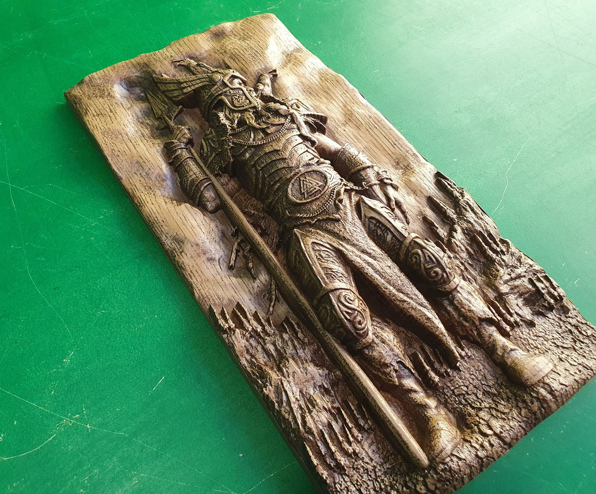 Odin and his Ravens Huginn and Muninn , Scandinavian God,  Odin statue