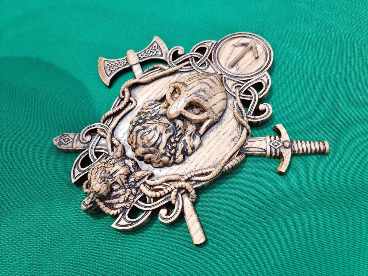 Thor figurine with hummer, sword and wolf , Pagan altar, Norse mythology, Celtic wood carving, Viking decor Wood sculpture