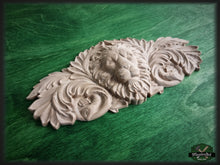 Load image into Gallery viewer, Lion Head of Wood Carved Applique Onlay, Home Wall Embellishments, Furniture Carving, Wood Onlay
