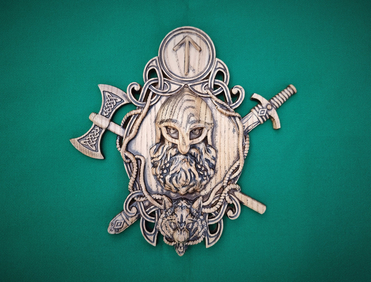 Thor figurine with hummer, sword and wolf , Pagan altar, Norse mythology, Celtic wood carving, Viking decor Wood sculpture