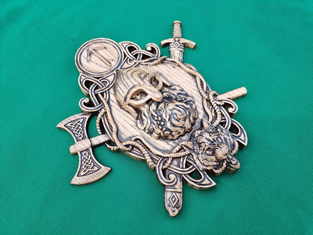 Thor figurine with hummer, sword and wolf , Pagan altar, Norse mythology, Celtic wood carving, Viking decor Wood sculpture