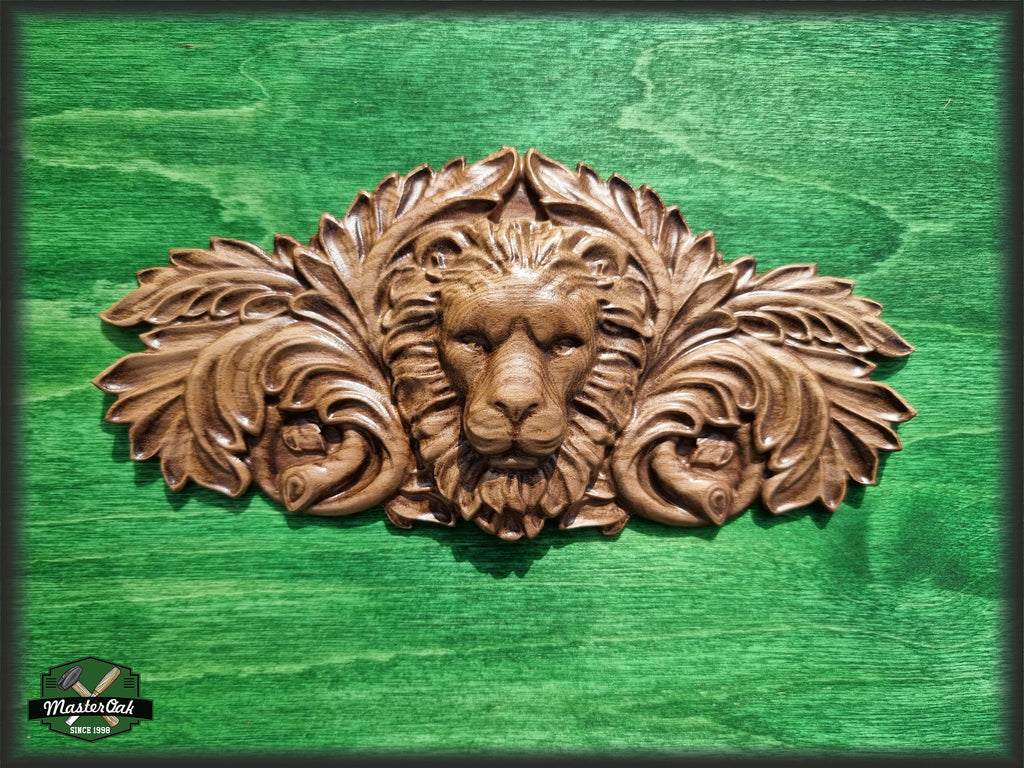 Carved Lion interior trim, Lion head  Applique Onlay, 1pc Home Wall Embellishments, Furniture Carving, Wood Onlay