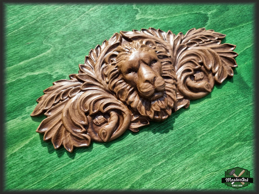 Carved Lion interior trim, Lion head  Applique Onlay, 1pc Home Wall Embellishments, Furniture Carving, Wood Onlay