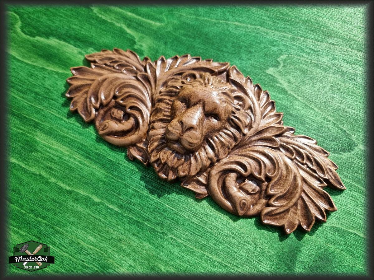 Carved Lion interior trim, Lion head  Applique Onlay, 1pc Home Wall Embellishments, Furniture Carving, Wood Onlay