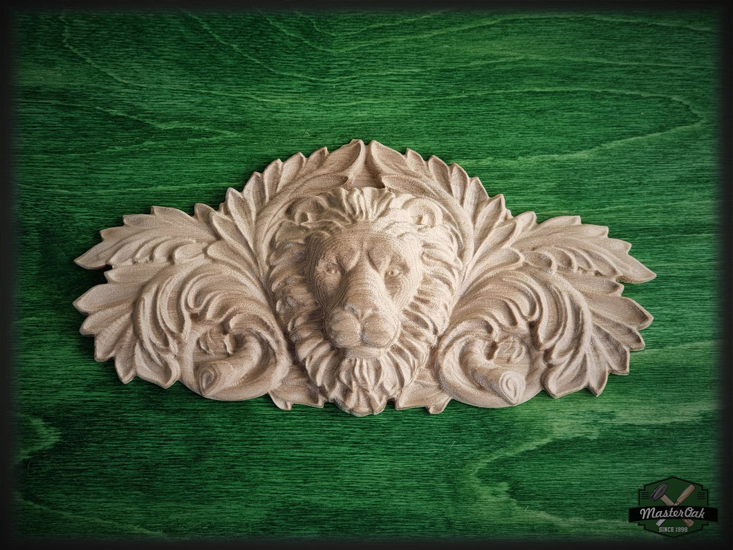 Lion Head of Wood Carved Applique Onlay, Home Wall Embellishments, Furniture Carving, Wood Onlay