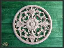 Load image into Gallery viewer, Ornate Carved Wood Medallion For Cabinets, 1 piece, Home Wall Embellishments, wood onlays, wood wall art decor
