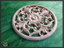 Load image into Gallery viewer, Ornate Carved Wood Medallion For Cabinets, 1 piece, Home Wall Embellishments, wood onlays, wood wall art decor
