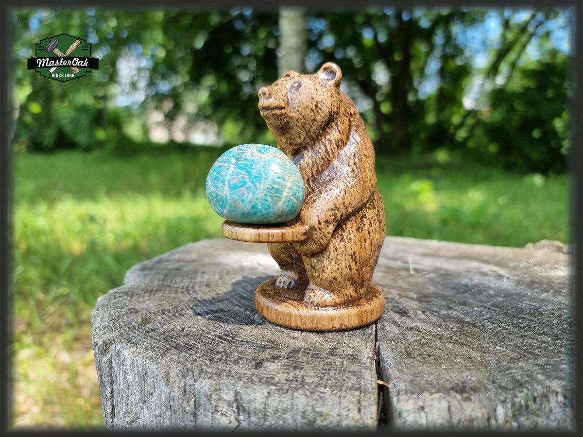 Bear totem made of Oak, standing bear home altar, tall bear with mineral stand