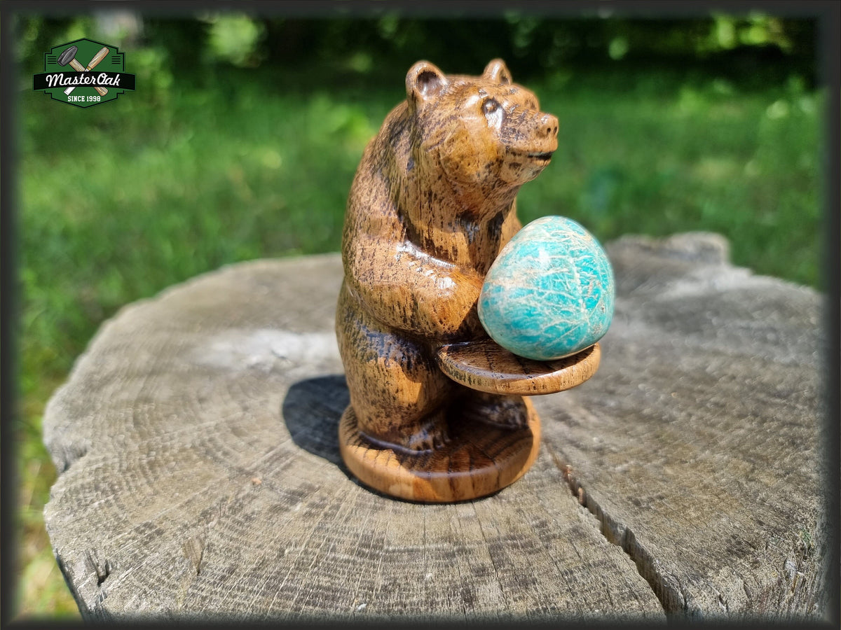 Bear totem made of Oak, standing bear home altar, tall bear with mineral stand