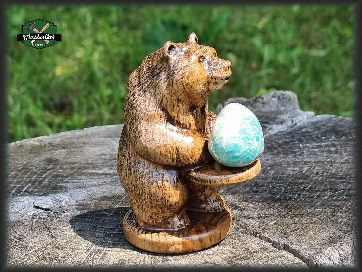 Bear totem made of Oak, standing bear home altar, tall bear with mineral stand