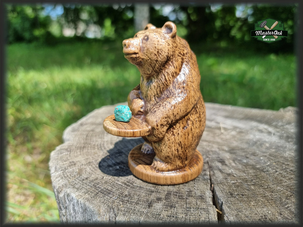 Bear totem made of Oak, standing bear home altar, tall bear with mineral stand