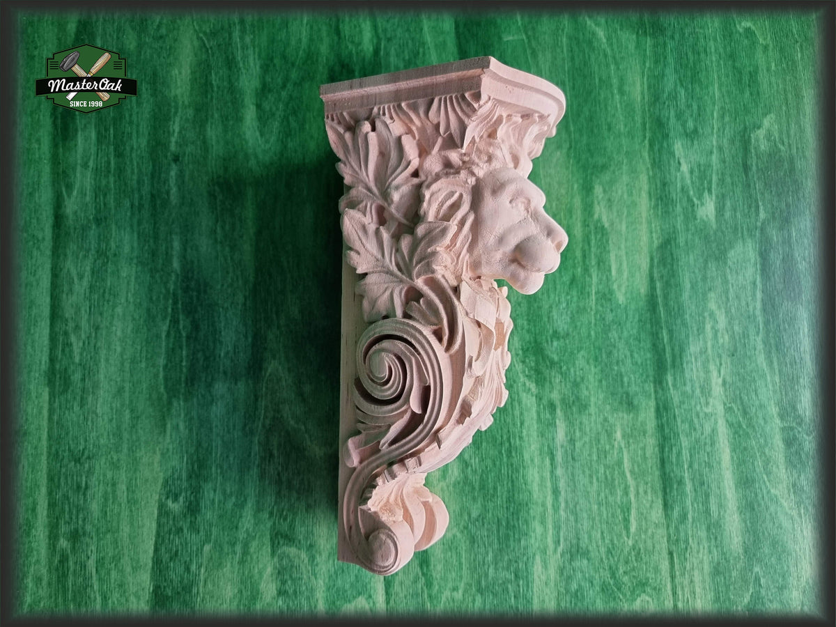 Corbel Lion of wood, Unpainted, Decorative Carved Wooden Corbel, 1pc, Home Wall Embellishments, wood onlays, wood wall art decor