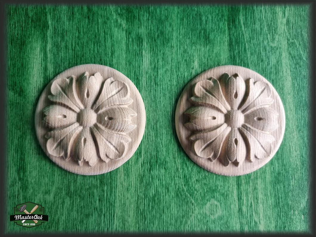 Pair of Carved Vintage Flower Round Wooden Rosette Onlay, 1 piece, Home Wall Embellishments, wood onlays, wood wall art decor