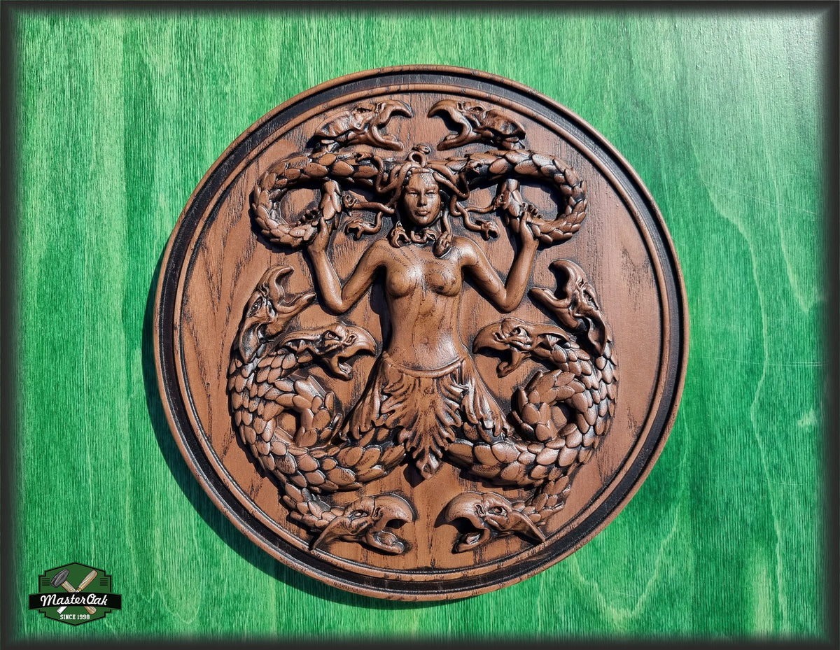 Gorgona Medusa carved of wood, wall decor cavring, Greek mythology wood carved decor