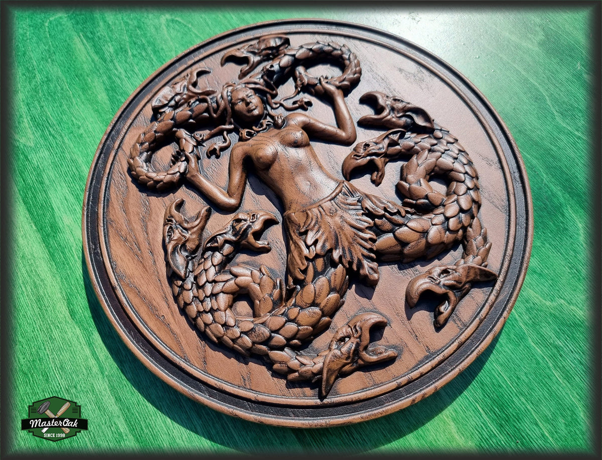 Gorgona Medusa carved of wood, wall decor cavring, Greek mythology wood carved decor