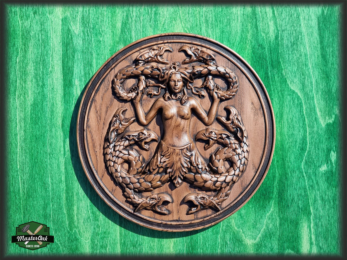 Gorgona Medusa carved of wood, wall decor cavring, Greek mythology wood carved decor