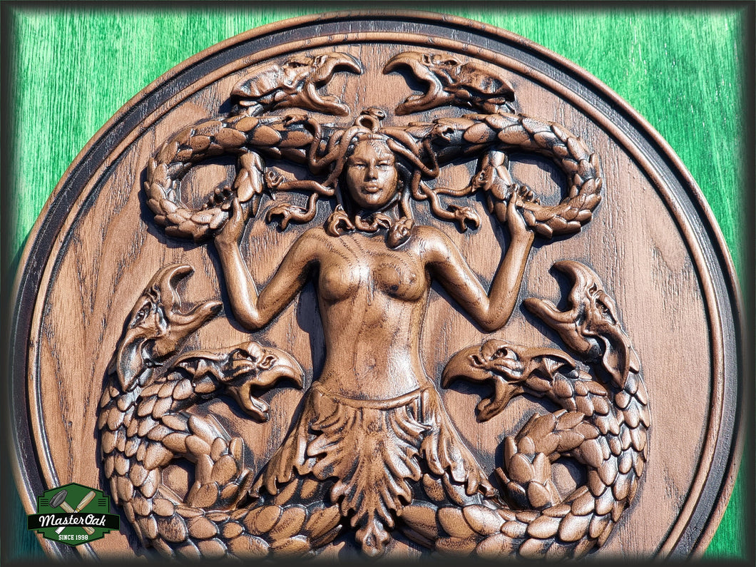 Gorgona Medusa carved of wood, wall decor cavring, Greek mythology wood carved decor