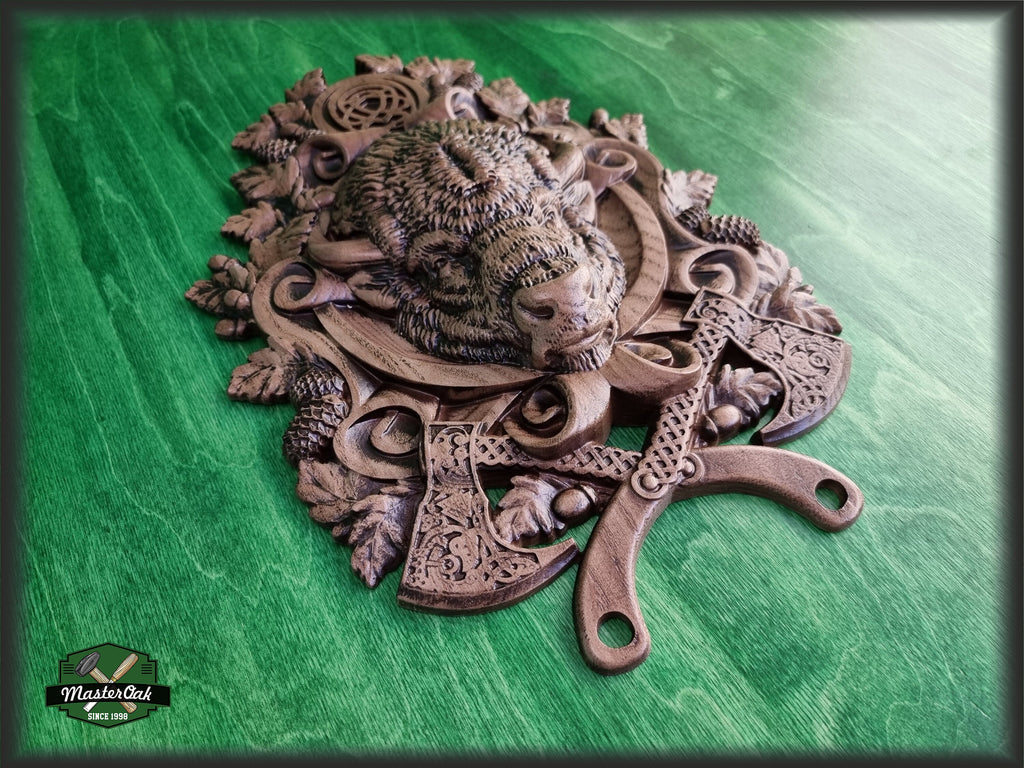 Carved Bison of wood,  Celtic wood carving, Viking carving, Wall art, Wall decor, Wall hanging