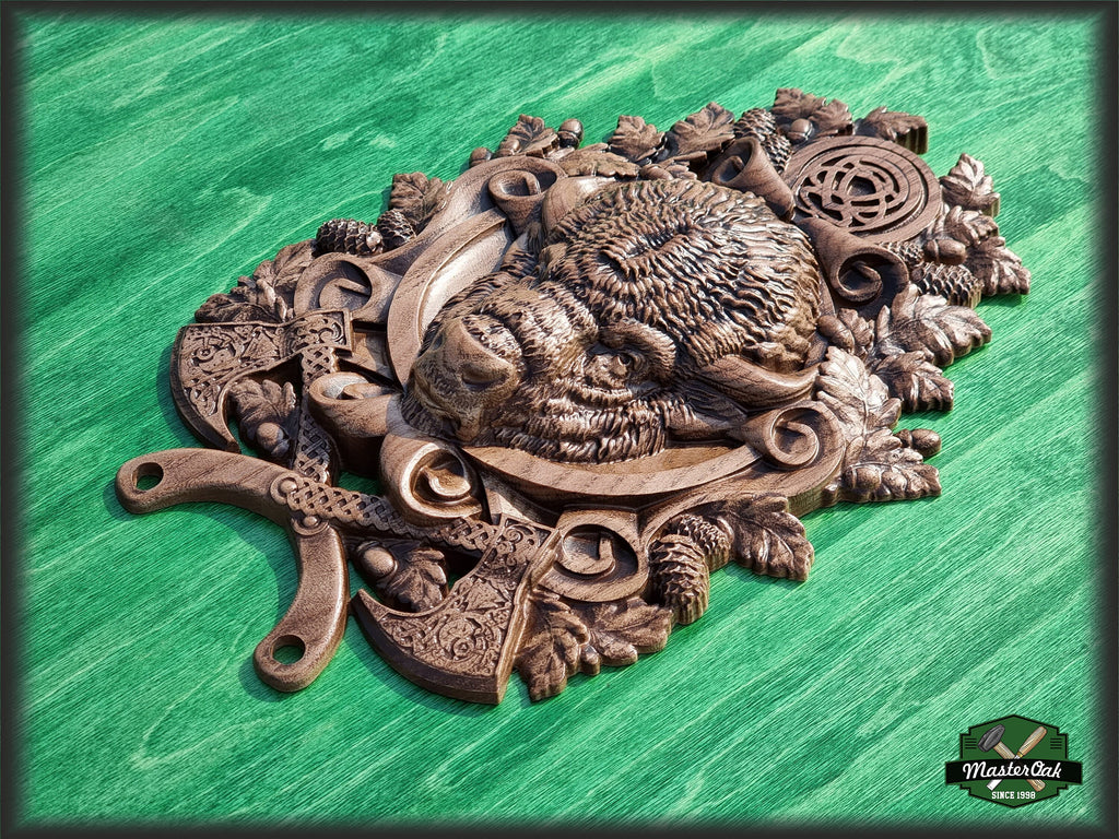 Carved Bison of wood,  Celtic wood carving, Viking carving, Wall art, Wall decor, Wall hanging