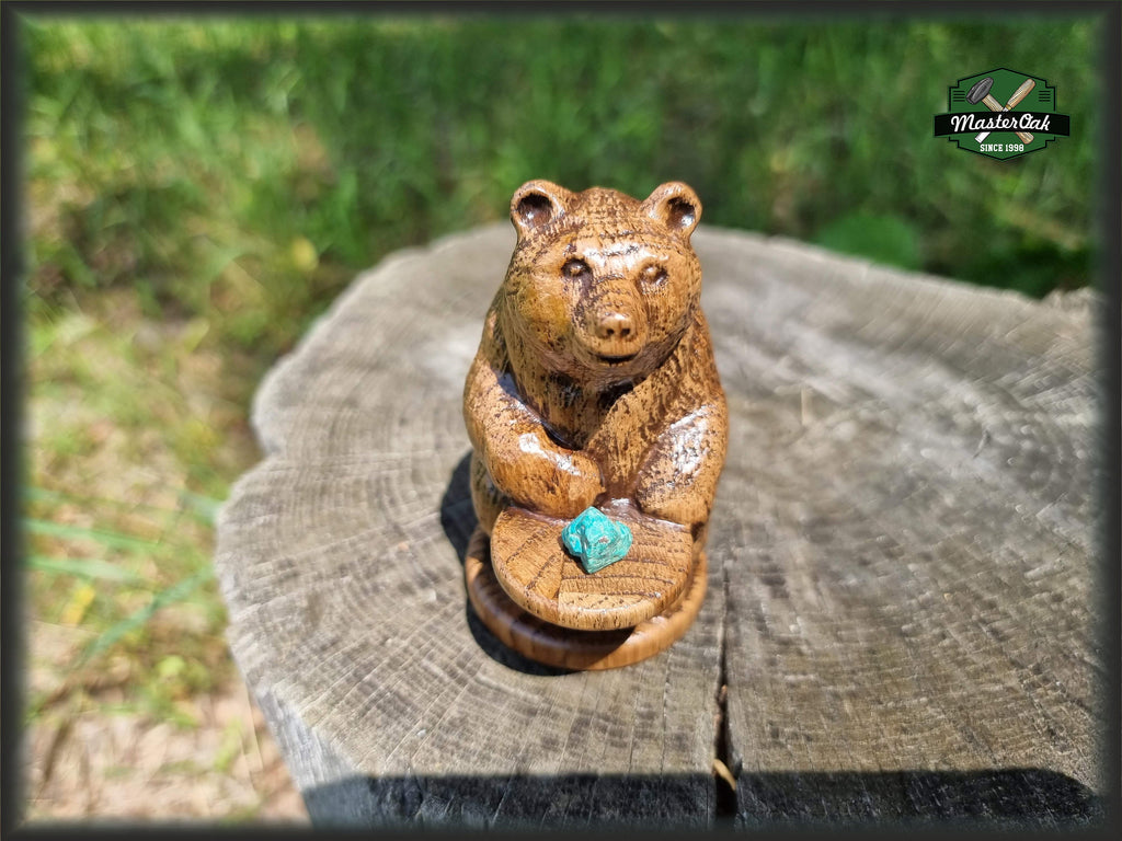 Bear totem made of Oak, standing bear home altar, tall bear with mineral stand