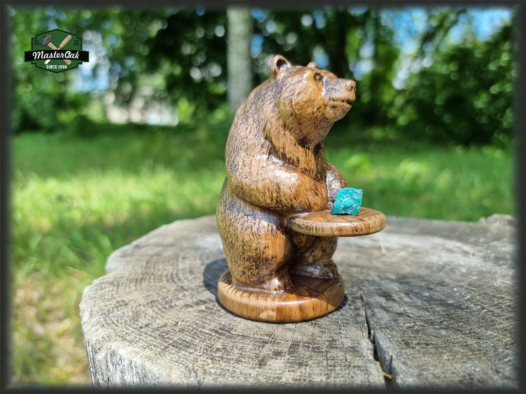 Bear totem made of Oak, standing bear home altar, tall bear with mineral stand