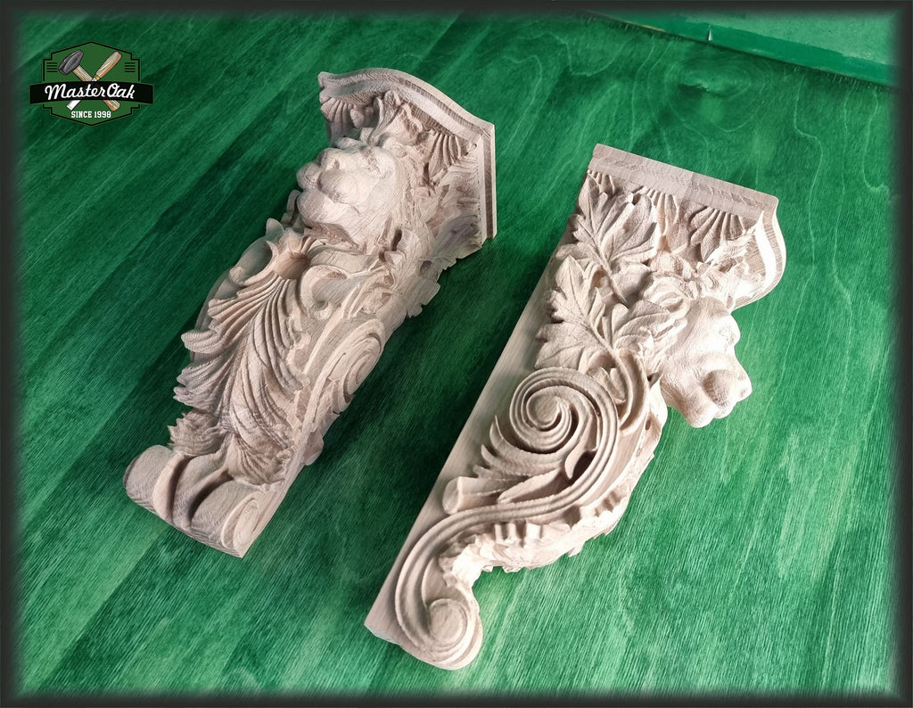 Pair of Corbels Lion, Unpainted, Decorative Carved Wooden Corbel, Home Wall Embellishments, wood onlays, wood wall art decor