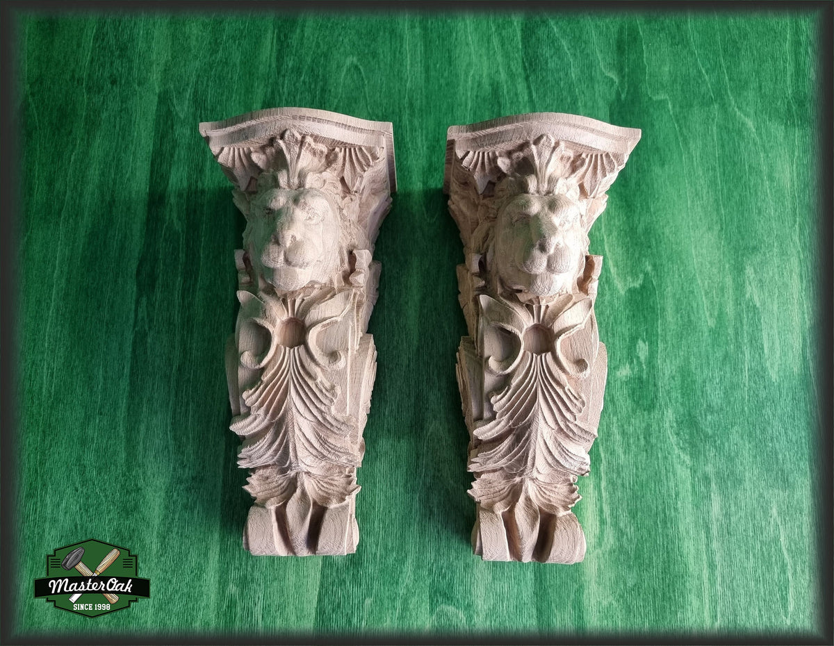 Pair of Corbels Lion, Unpainted, Decorative Carved Wooden Corbel, Home Wall Embellishments, wood onlays, wood wall art decor