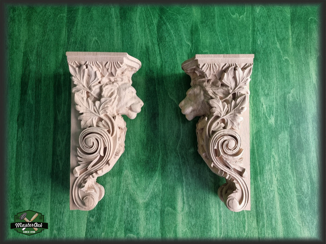 Pair of Corbels Lion, Unpainted, Decorative Carved Wooden Corbel, Home Wall Embellishments, wood onlays, wood wall art decor