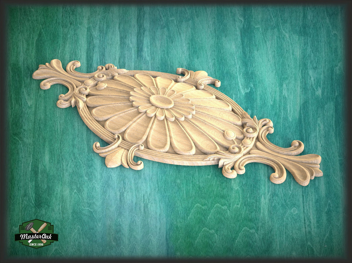 Furniture oval rosette decor, Classic style floral rosette onlay, carved decoration of wood, wooden onlay, wall hanging