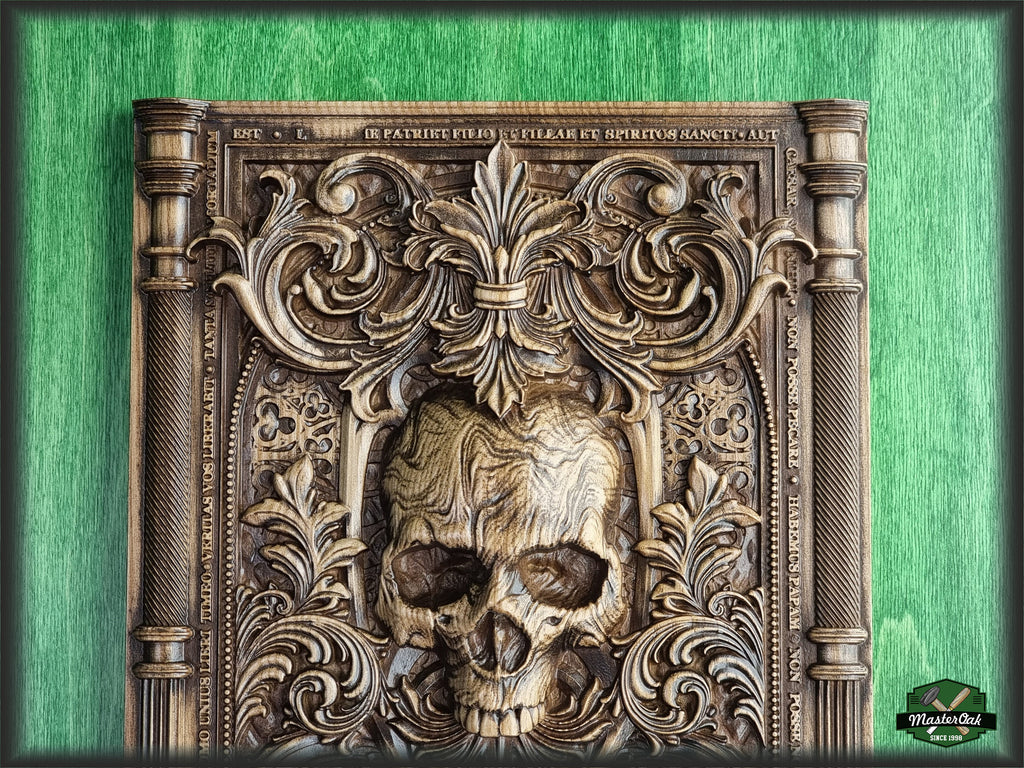 Skull carved panel made of wood, wood wall art, carved skull of wood, wall decor carving, Santa Muerte, Dark Art