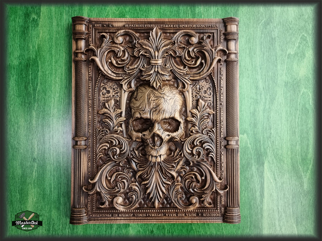 Skull carved panel made of wood, wood wall art, carved skull of wood, wall decor carving, Santa Muerte, Dark Art