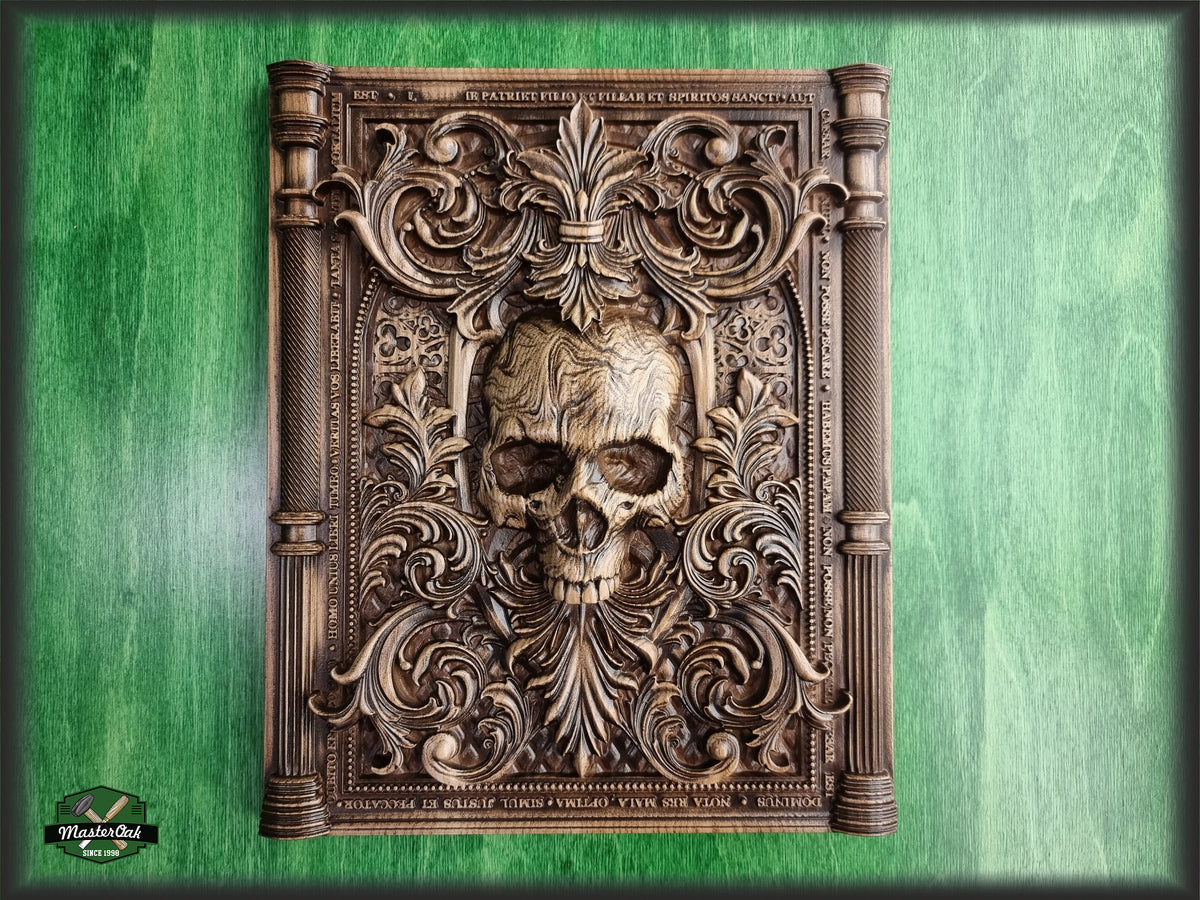 Skull carved panel made of wood, wood wall art, carved skull of wood, wall decor carving, Santa Muerte, Dark Art