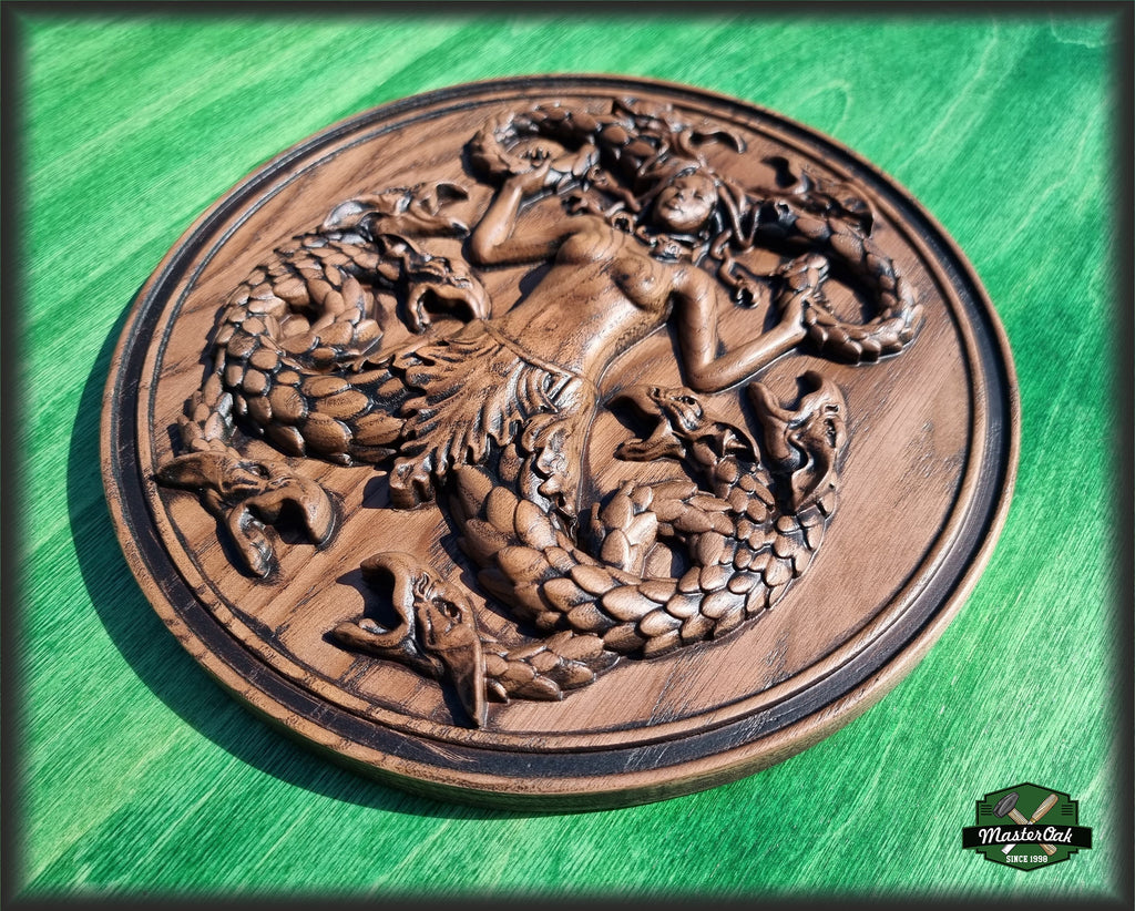 Gorgona Medusa carved of wood, wall decor cavring, Greek mythology wood carved decor
