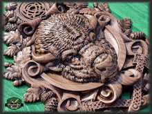 Load image into Gallery viewer, Carved Bison of wood,  Celtic wood carving, Viking carving, Wall art, Wall decor, Wall hanging

