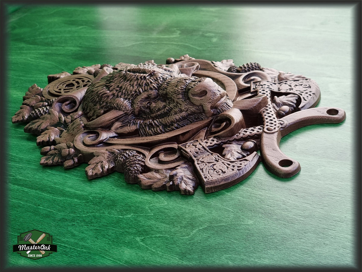 Carved Bison of wood,  Celtic wood carving, Viking carving, Wall art, Wall decor, Wall hanging