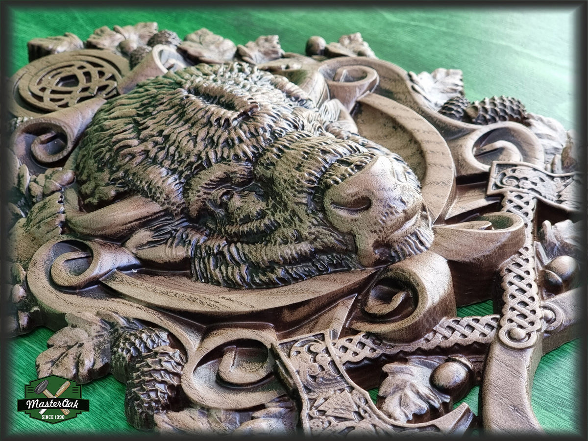 Carved Bison of wood,  Celtic wood carving, Viking carving, Wall art, Wall decor, Wall hanging