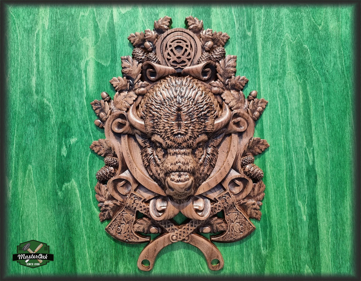 Carved Bison of wood,  Celtic wood carving, Viking carving, Wall art, Wall decor, Wall hanging