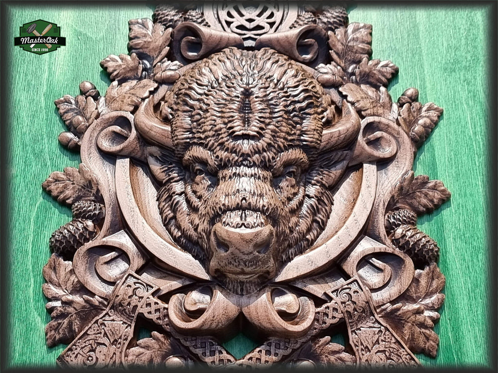 Carved Bison of wood,  Celtic wood carving, Viking carving, Wall art, Wall decor, Wall hanging