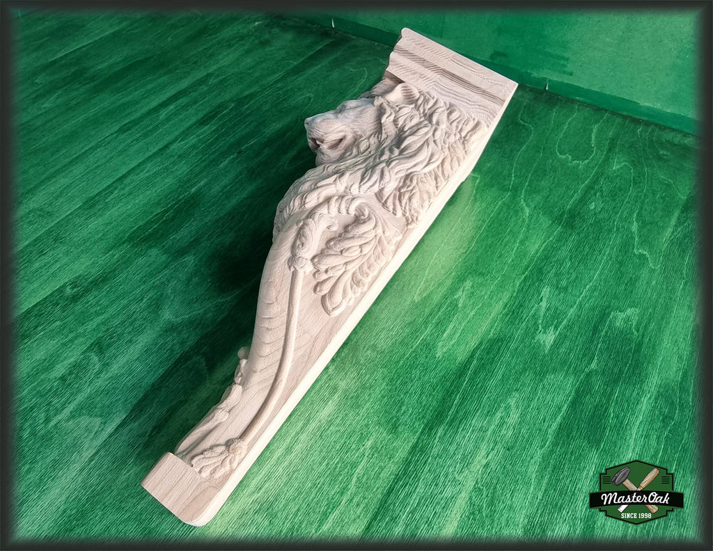 Carved Corbel Lion , Unpainted, Decorative Carved Wooden Corbel, 1pc, Home Wall Embellishments, wood onlays, wood wall art decor