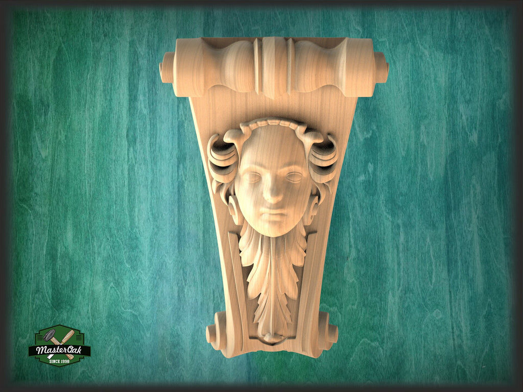 Corbel Human Face, Unpainted, Decorative Carved Wooden Corbel, 1pc, Home Wall Embellishments, wood onlays, wood wall art decor