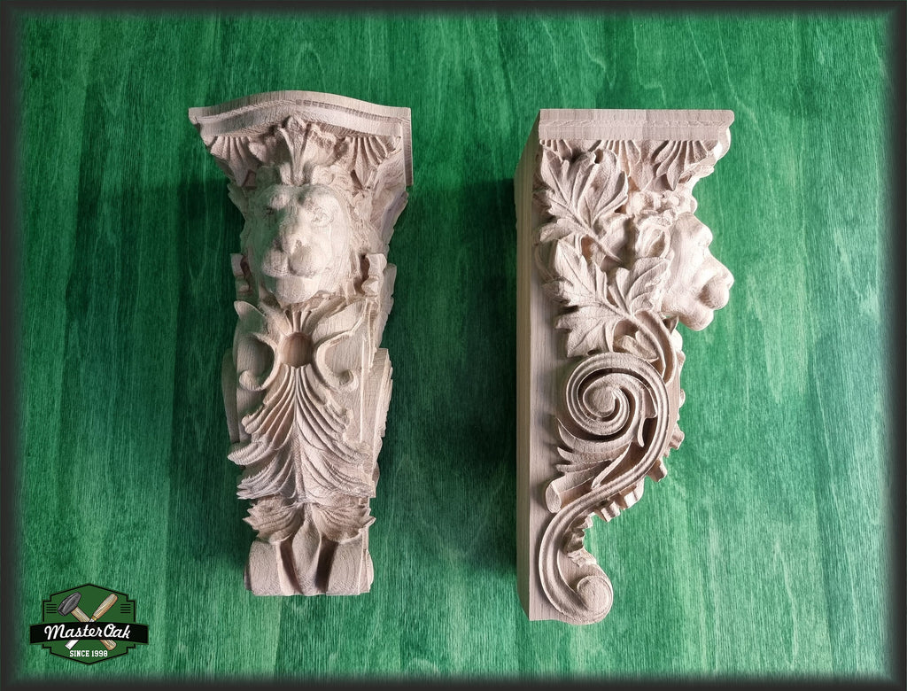 Pair of Corbels Lion, Unpainted, Decorative Carved Wooden Corbel, Home Wall Embellishments, wood onlays, wood wall art decor