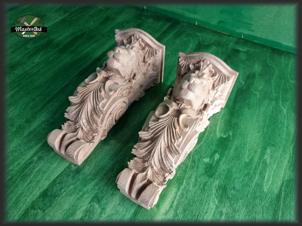 Pair of Corbels Lion, Unpainted, Decorative Carved Wooden Corbel, Home Wall Embellishments, wood onlays, wood wall art decor