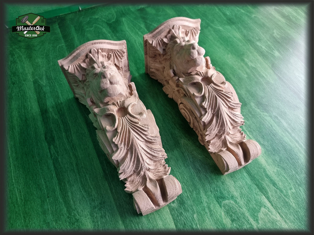 Pair of Corbels Lion, Unpainted, Decorative Carved Wooden Corbel, Home Wall Embellishments, wood onlays, wood wall art decor