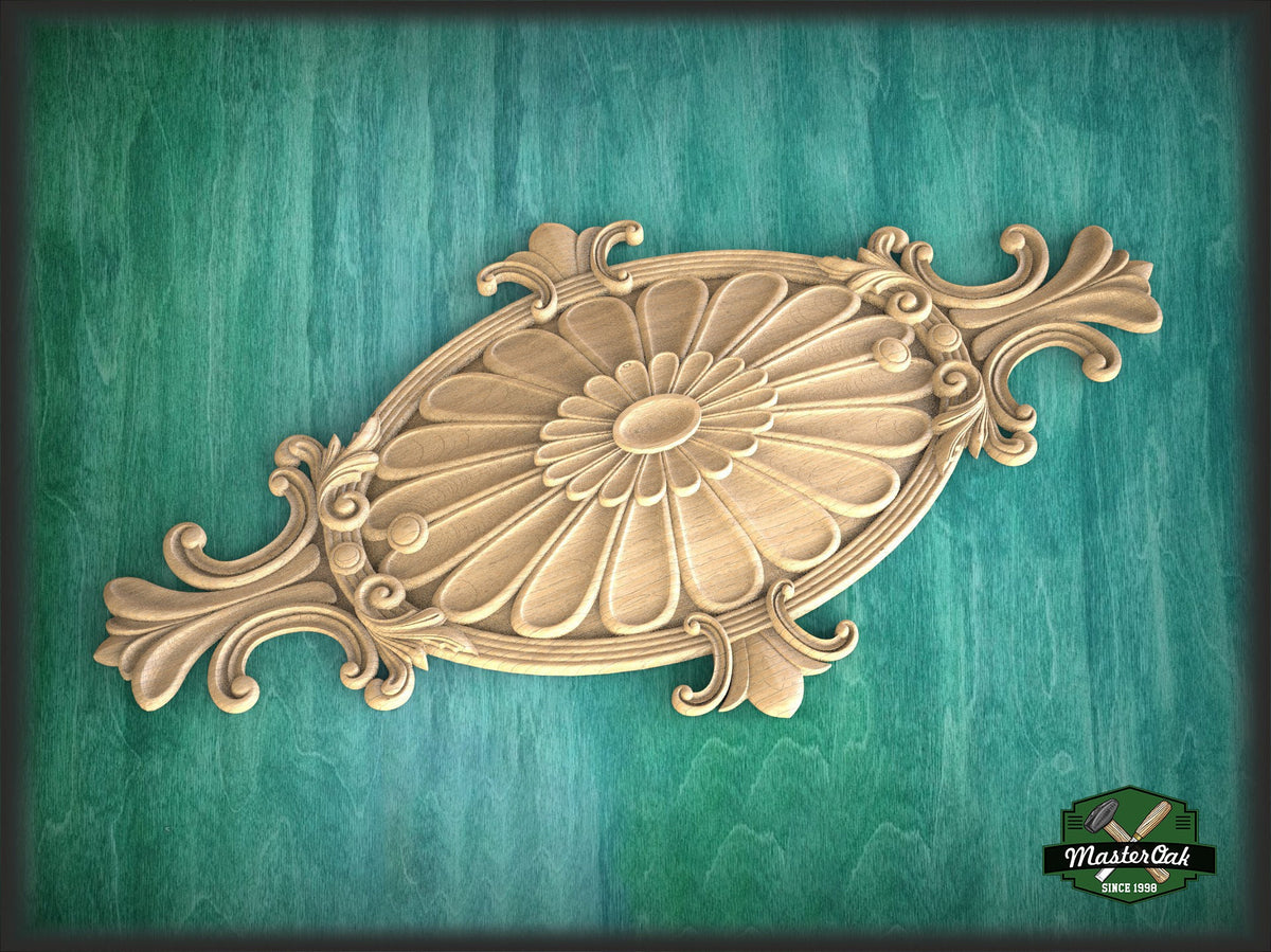 Furniture oval rosette decor, Classic style floral rosette onlay, carved decoration of wood, wooden onlay, wall hanging