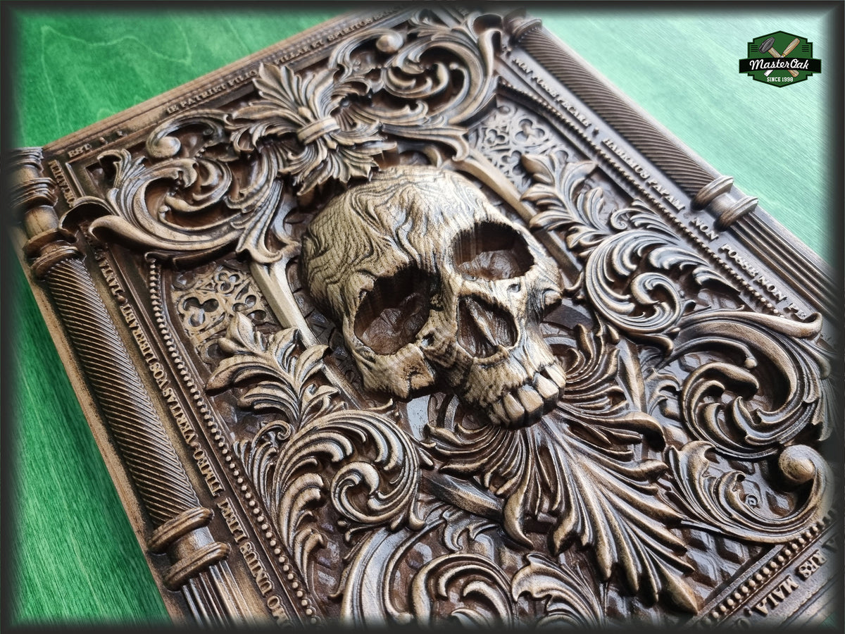 Skull carved panel made of wood, wood wall art, carved skull of wood, wall decor carving, Santa Muerte, Dark Art