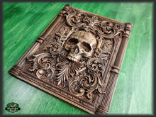 Load image into Gallery viewer, Skull carved panel made of wood, wood wall art, carved skull of wood, wall decor carving, Santa Muerte, Dark Art
