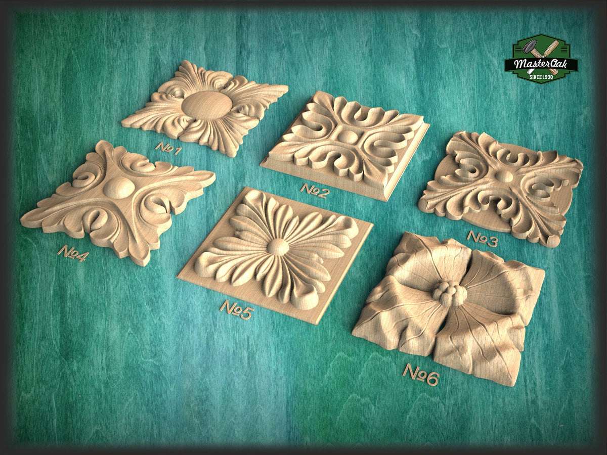Ornate Carved Wood Rosette, 1 piece, Home Wall Embellishments, square wood onlays, wood wall art decor