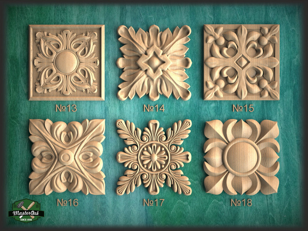 Square Carved Wood Rosette, 1 piece, Home Wall Embellishments, square wood onlays, wood wall art decor