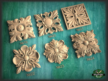Load image into Gallery viewer, Square Carved Rosette of Wood, 1 piece, Home Wall Embellishments, square wood onlays, wood wall art decor
